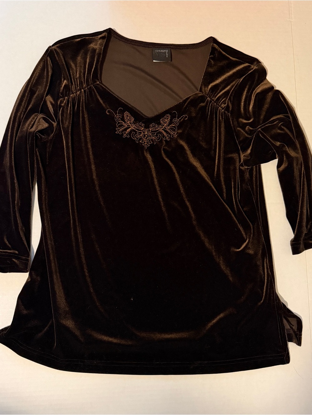 Lush Velvet Whimsigoth Embroidered V-Neck Top - Chocolate Brown - XL